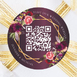 Burgundy pink florals gold geometric QR wedding Classic Round Sticker<br><div class="desc">Decorated with watercolored roses in burgundy and pink.  Elegant deep burgundy gradient background. A faux gold geometric frame. Add your url for your wedding website.</div>
