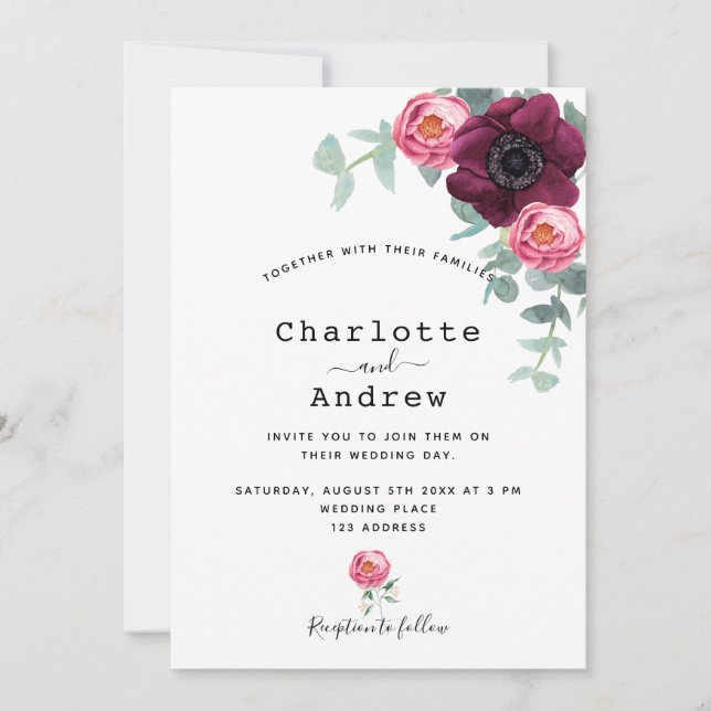Burgundy pink florals greenery elegant wedding invitation (Front)