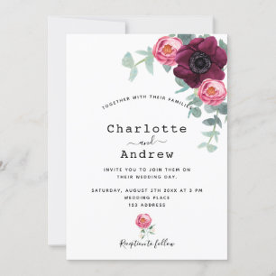 Burgundy pink florals greenery elegant wedding invitation
