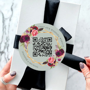 Burgundy pink florals sage geometric QR wedding Classic Round Sticker