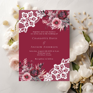 Burgundy pink florals white lace wedding invitation