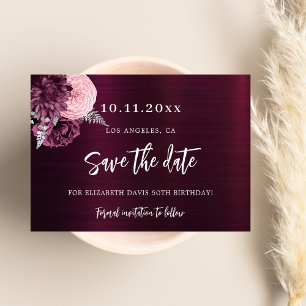 Burgundy pink flowers 50th birthday save the date