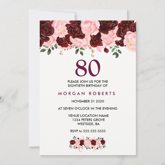 Burgundy & Pink Flowers 80th Birthday Invite (Front)