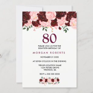 Burgundy & Pink Flowers 80th Birthday Invite