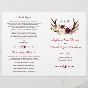 Burgundy Pink Flowers Antlers Wedding Program Flyer