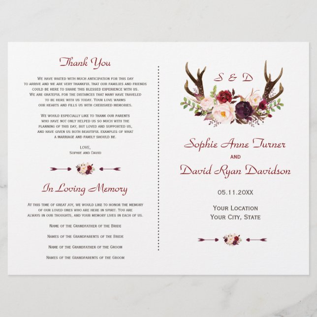 Burgundy Pink Flowers Antlers Wedding Program Flyer (Front)