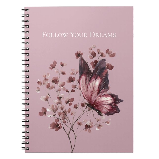 Burgundy Pink Flowers Butterfly Dreams Notebook (Front)