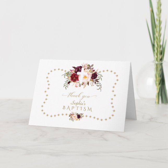 Burgundy Pink Flowers Gold Glitter Sparkle Baptism Thank You Card (Front)