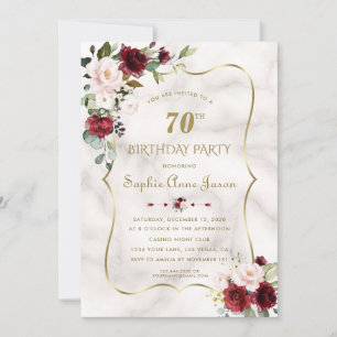 Burgundy Pink Flowers Gold Marble 70th Birthday Invitation