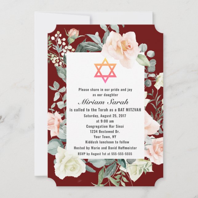 Burgundy Pink Flowers Star of David Bat Mitzvah Invitation (Front)