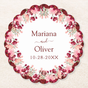 Burgundy Pink Flowers Wedding Paper Coaster