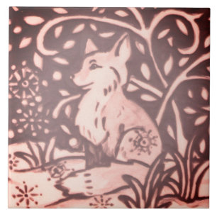 Burgundy Pink Fox Floral Foliage Woodland Decor Tile