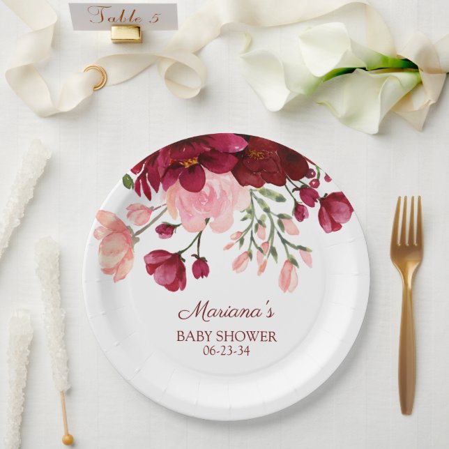 Burgundy Pink Girl Baby Shower Paper Paper Plate (Wedding)