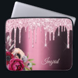 Burgundy pink glitter drips flowers name laptop sleeve<br><div class="desc">Pink faux glitter drip,  paint drip look on a burgundy faux metallic looking background. Burgundy and rose gold coloured Flowers. Template for Your name.  The name in pastel pink is written with a modern and trendy hand lettered style script.</div>