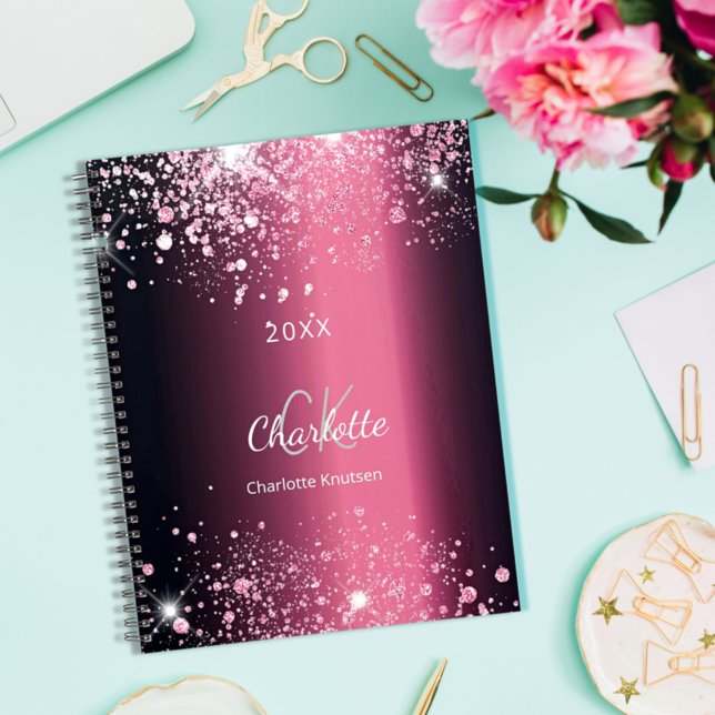Burgundy pink glitter dust monogram name 2022 planner (Creator Uploaded)