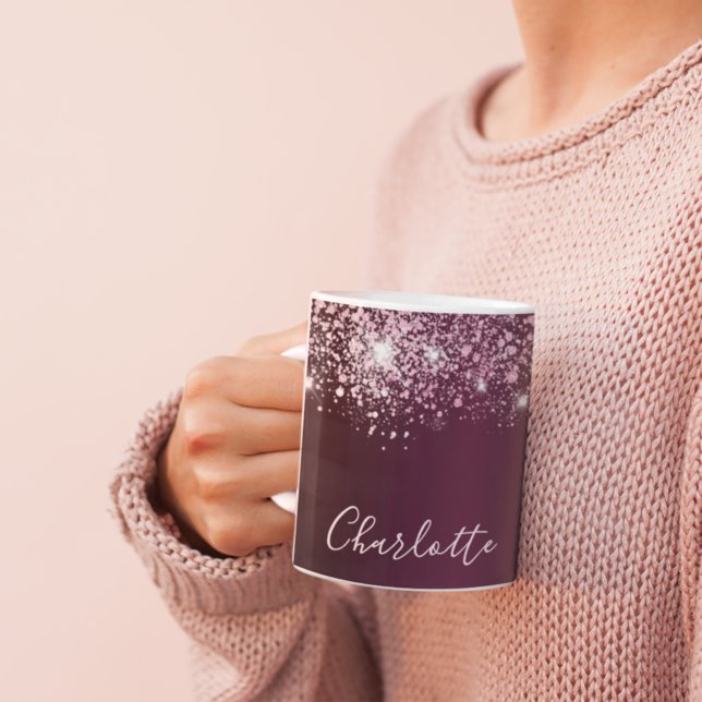 Burgundy pink glitter dust name script coffee mug (Creator Uploaded)