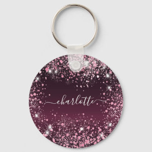 Burgundy pink glitter dust name script  key ring