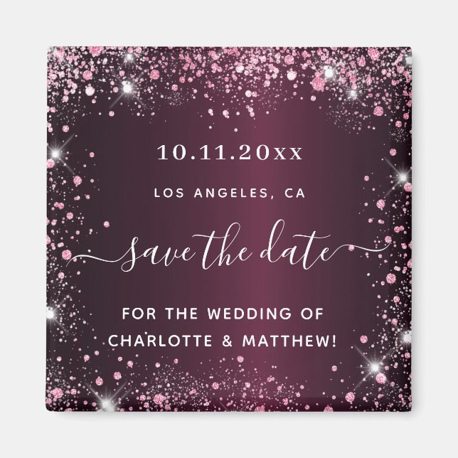Burgundy pink glitter wedding save the date  magnet (Front)