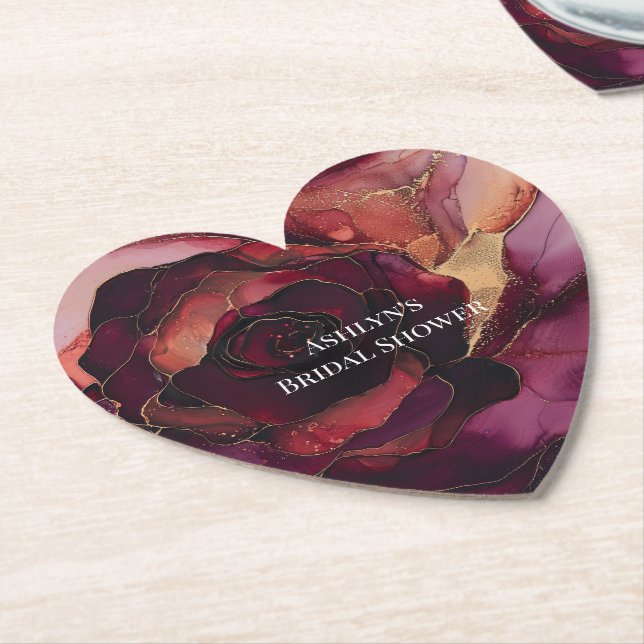 Burgundy Pink Gold Floral Bridal Shower Paper Coaster (Angled)