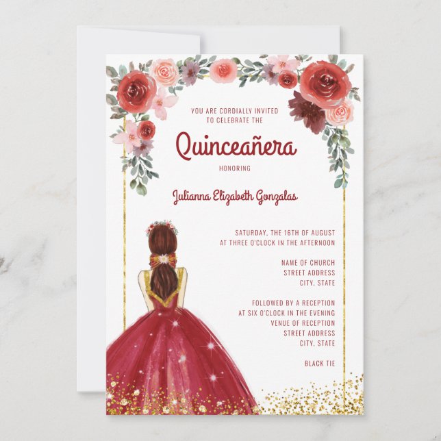 Burgundy Pink Gold Floral Princess Quinceanera Invitation (Front)