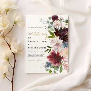 Burgundy pink gold flower bouquet white wedding invitation