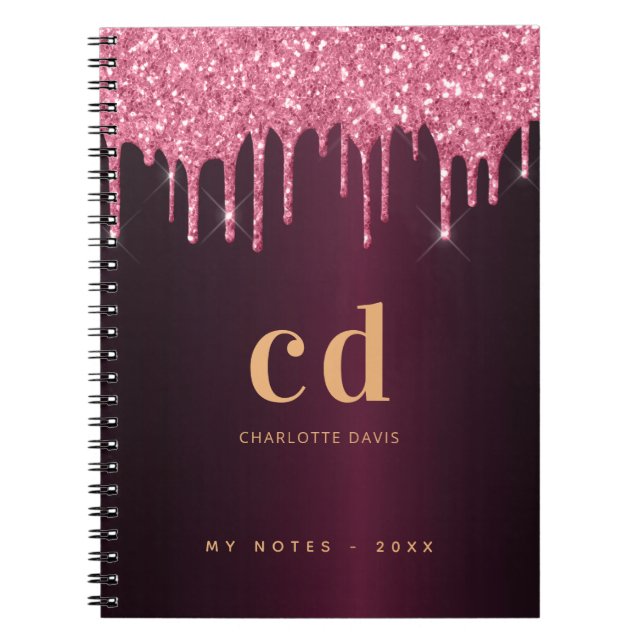 Burgundy pink gold glitter drips monogram name notebook (Front)