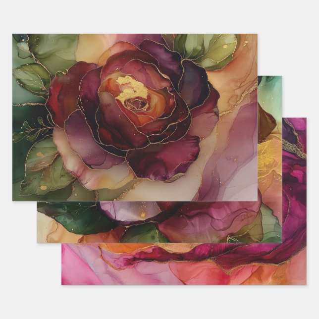 Burgundy Pink Gold Rose Floral Bridal Shower Wrapping Paper Sheet (Set)