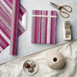Burgundy Pink Green Painted Striped by Heva Weva Wrapping Paper