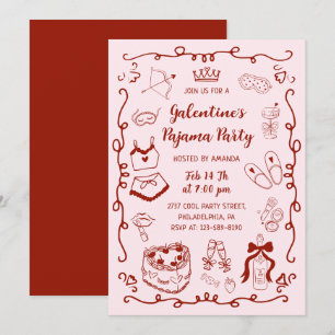 Burgundy Pink Hand Drawn Galentine's Pajama Party Invitation