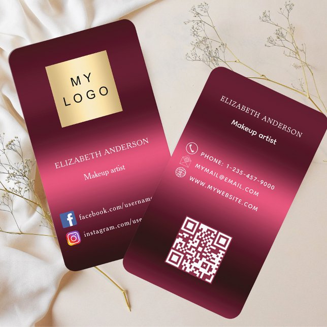 Burgundy pink logo Qr code social media Business Card (Creator Uploaded)