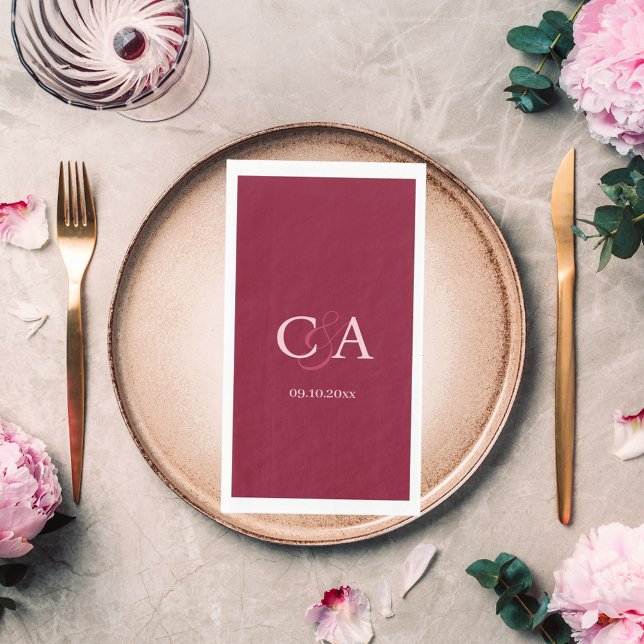Burgundy pink monogram wedding napkin (Creator Uploaded)