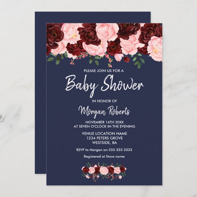 Burgundy Pink Navy Blue Floral Baby Shower Invite (Front/Back)
