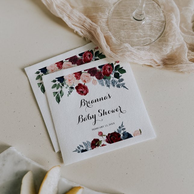 Burgundy Pink Navy Floral Baby Shower  Napkin (Creator Uploaded)