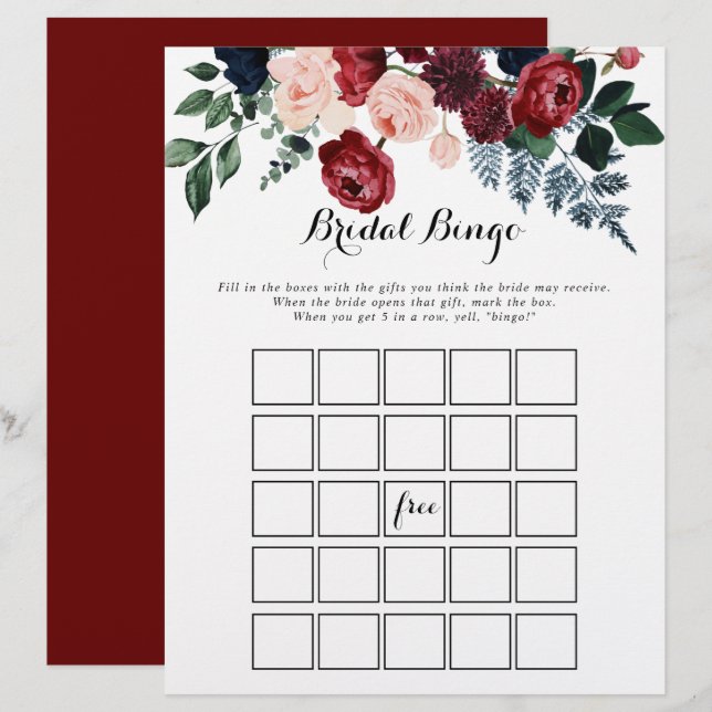 Burgundy Pink Navy Floral Bridal Bingo Game (Front/Back)