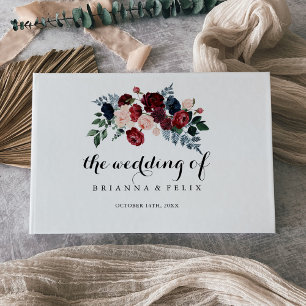 Burgundy Pink Navy Floral Calligraphy Wedding Guest Book