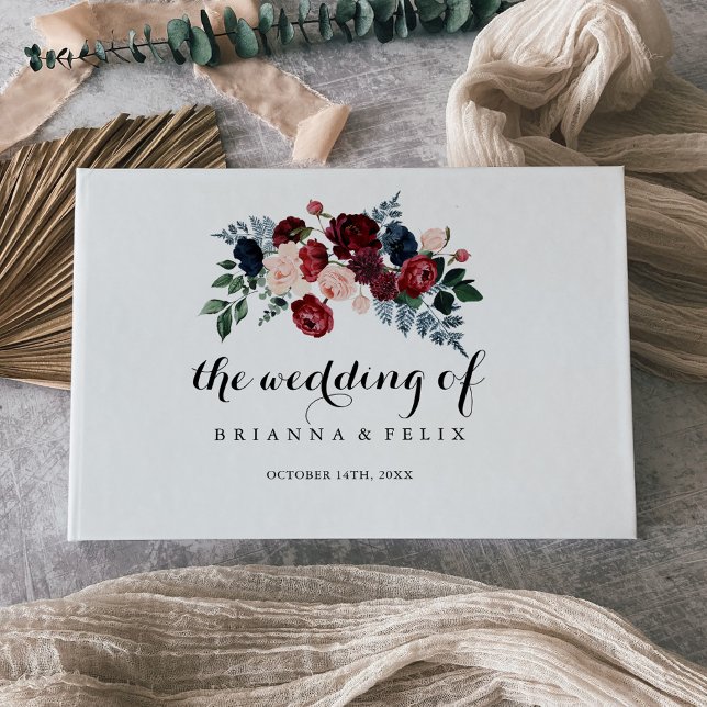 Burgundy Pink Navy Floral Calligraphy Wedding Guest Book (Creator Uploaded)