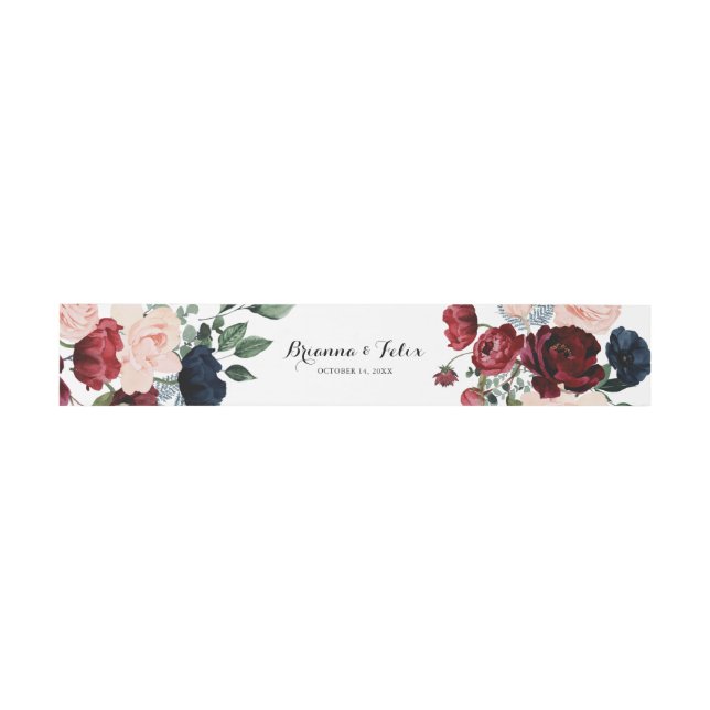 Burgundy Pink Navy Floral Calligraphy Wedding  Invitation Belly Band (Flat)