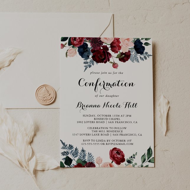 Burgundy Pink Navy Floral Confirmation  Invitation (Creator Uploaded)