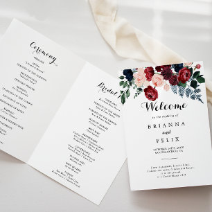 Burgundy Pink Navy Floral Folded Wedding  Programme