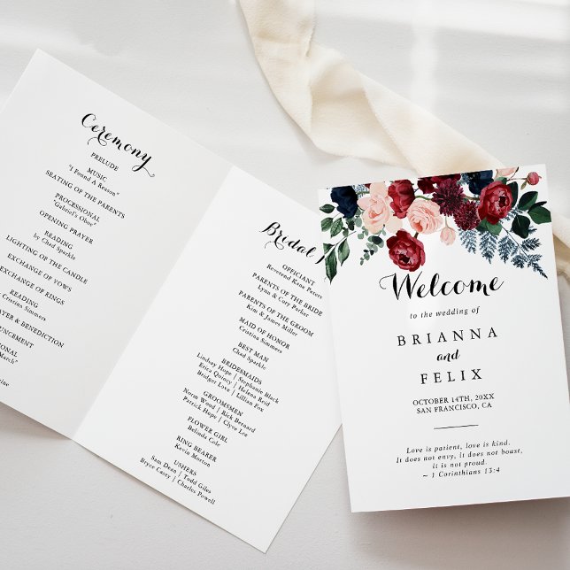 Burgundy Pink Navy Floral Folded Wedding  Programme (Creator Uploaded)