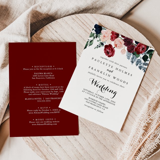 Burgundy Pink Navy Floral Front & Back Wedding  Invitation (Creator Uploaded)