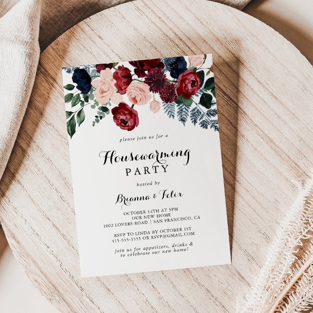 Burgundy Pink Navy Floral Housewarming Party  Invitation (Creator Uploaded)
