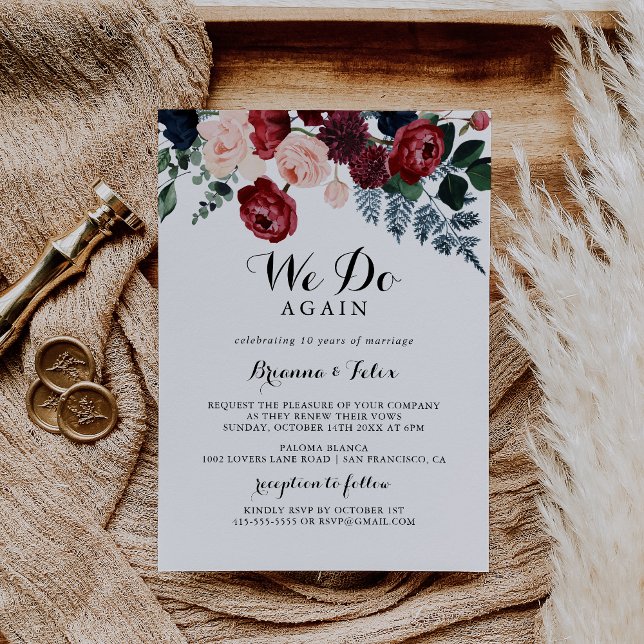 Burgundy Pink Navy Floral We Do Again Vow Renewal  Invitation (Creator Uploaded)