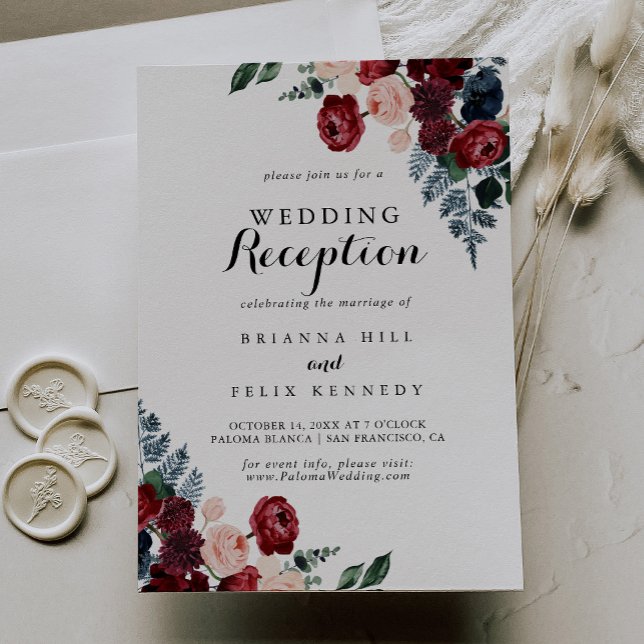 Burgundy Pink Navy Floral Wedding Reception Invitation (Creator Uploaded)