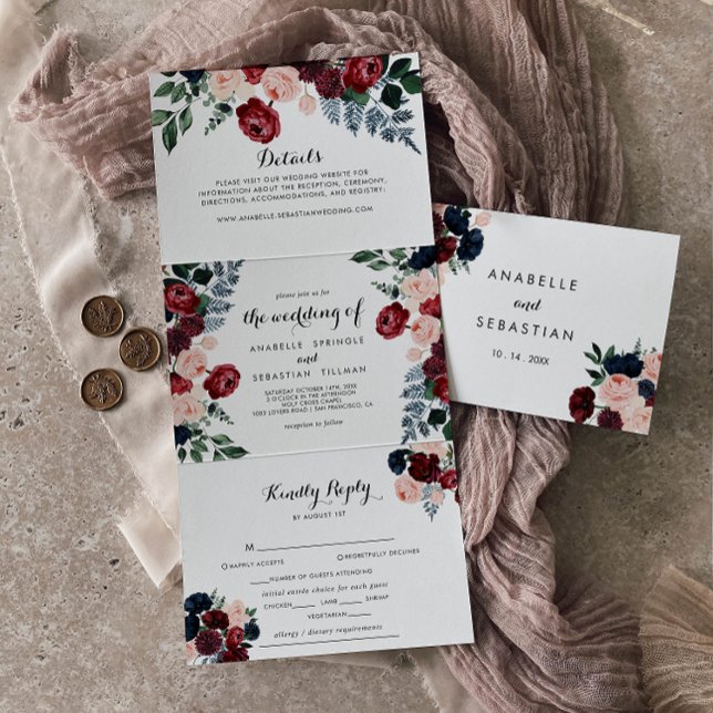 Burgundy Pink Navy Floral Wedding  Tri-Fold Invitation (Creator Uploaded)