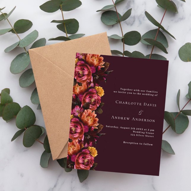 Burgundy pink orange moody wedding invitation (Creator Uploaded)