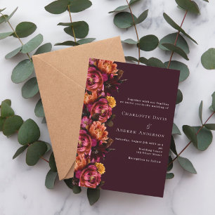 Burgundy pink orange moody wedding invitation