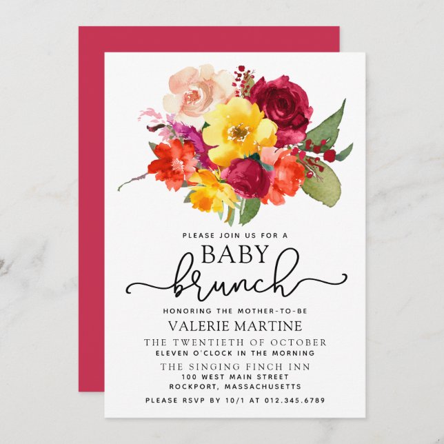 Burgundy Pink Orange Yellow Baby Brunch Invitation (Front/Back)