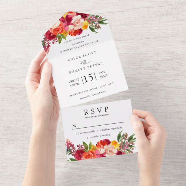 Burgundy Pink Orange Yellow Floral All In One Invitation (Tearaway)
