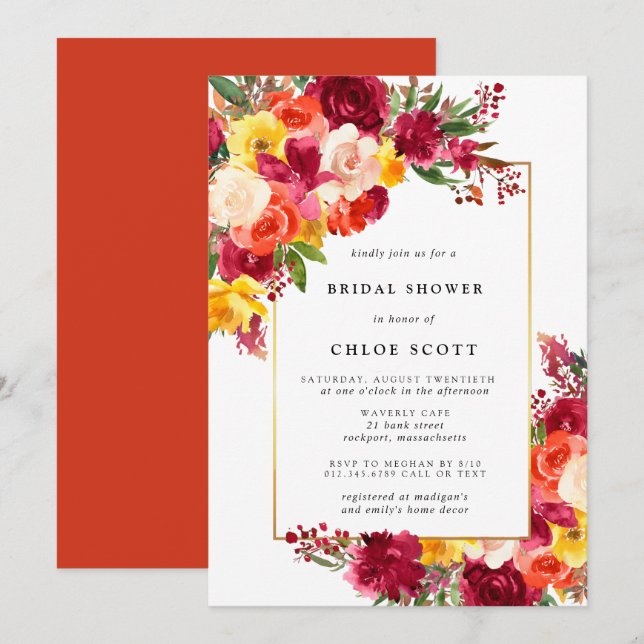 Burgundy Pink Orange Yellow Floral Bridal Shower Invitation (Front/Back)